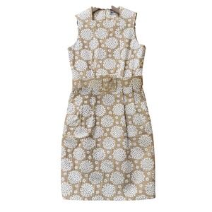 Adele Simpson Sheath Dress 8 Tan White Floral Jacquard Belted Vintage 60s Mod